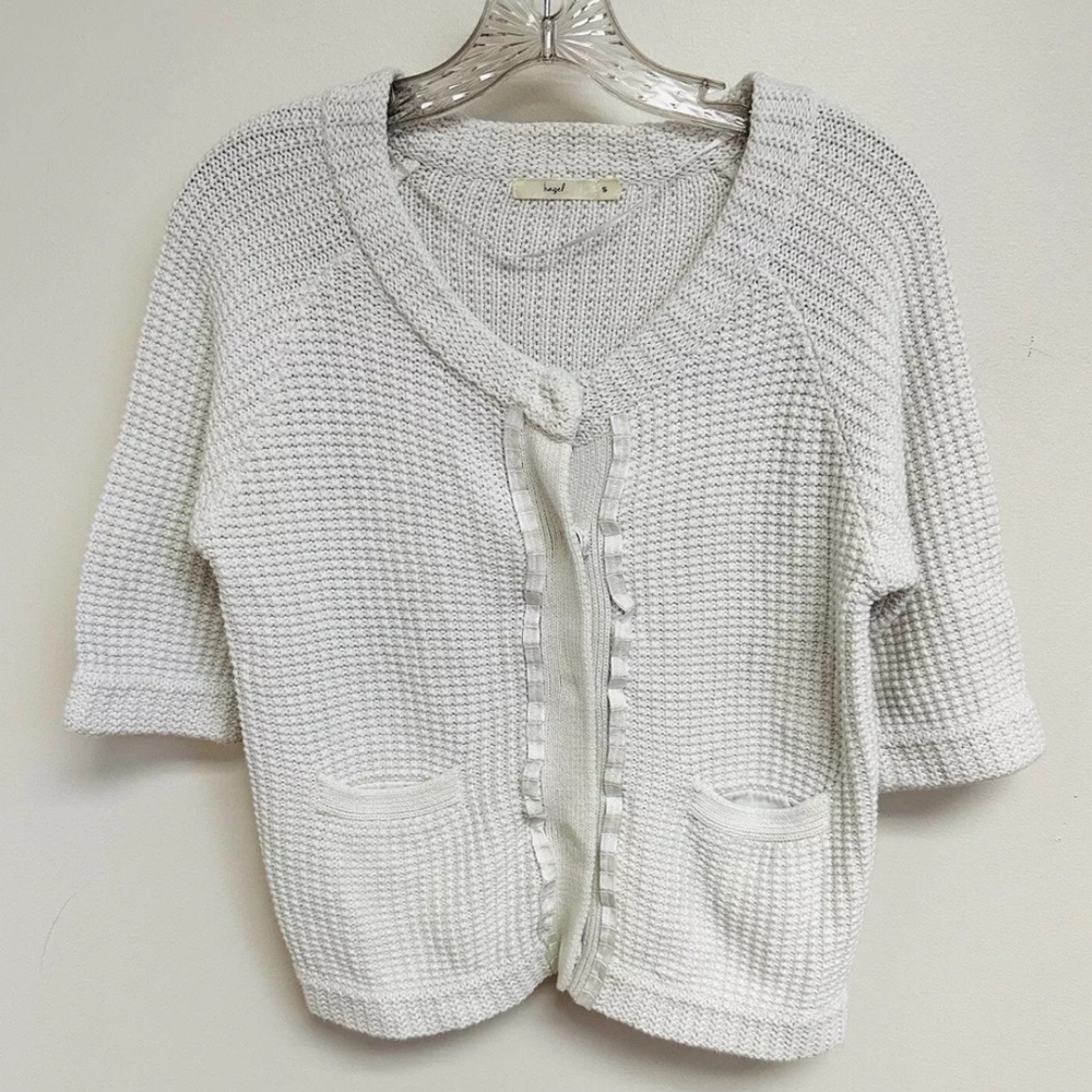 Hazel Women's Small Pale Gray Chunky Knit Snap Button Ribbon Trim Casual Sweater